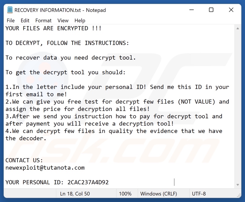 Newexploit ransomware ransom-demanding message (RECOVERY INFORMATION.txt)