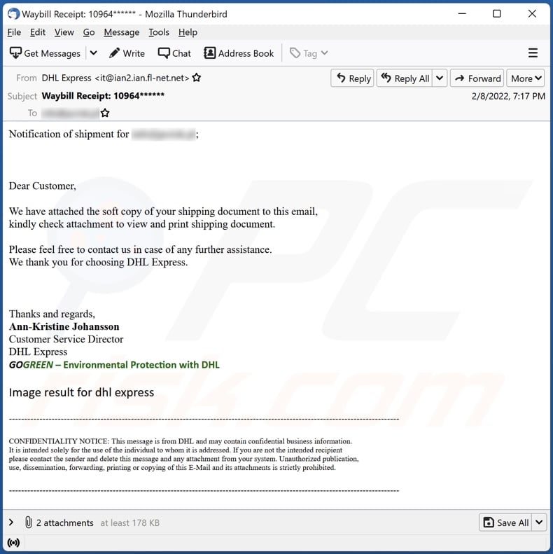 Notification Of DHL Shipment email spam campaign