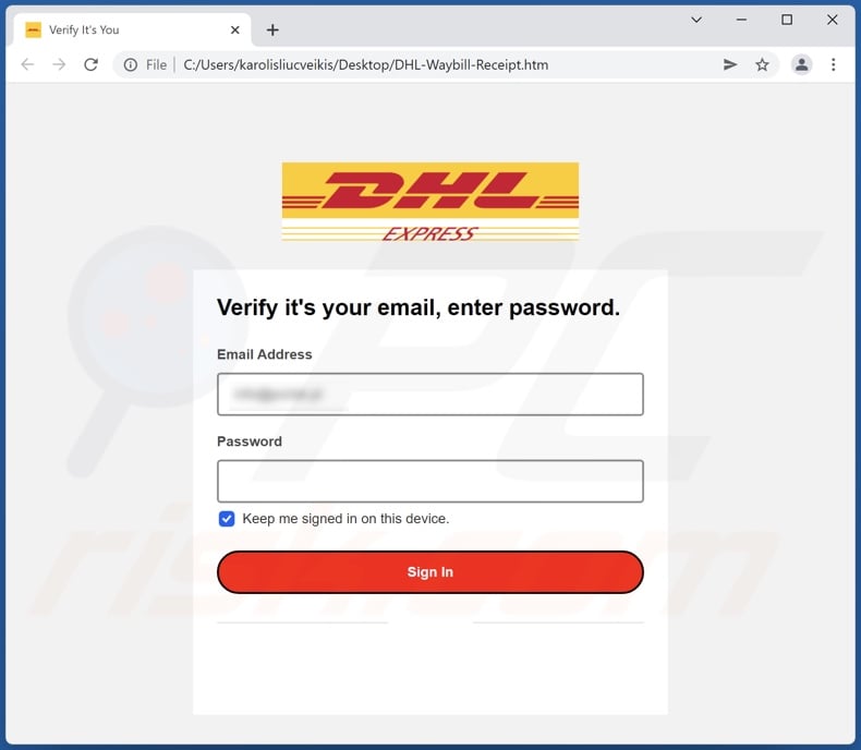 Notification Of DHL Shipment email phishing attachment (DHL-Waybill-Receipt.htm)