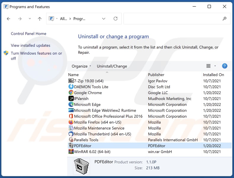 PDFEditor adware uninstall via Control Panel