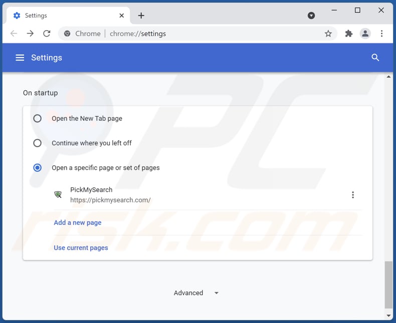 Removing pickmysearch.com from Google Chrome homepage