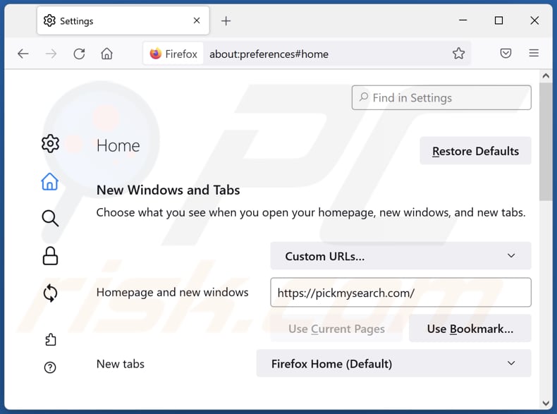 Removing pickmysearch.com from Mozilla Firefox homepage
