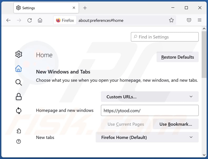 Removing ytood.com from Mozilla Firefox homepage