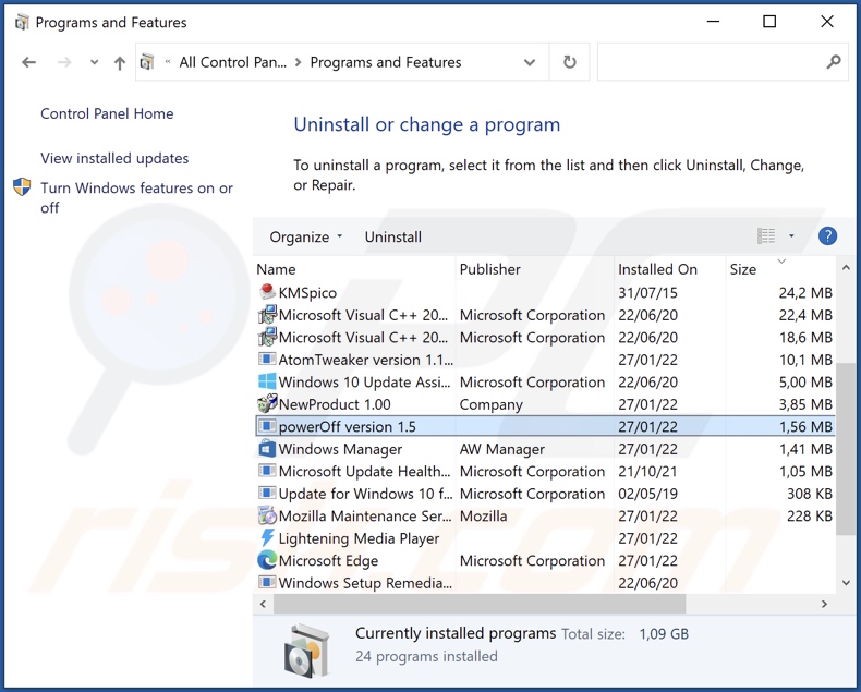 Power Off adware uninstall via Control Panel