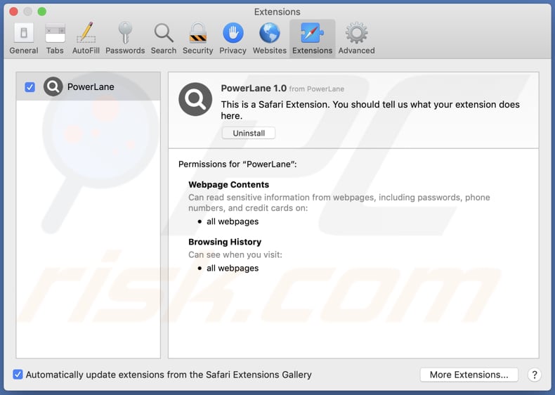 powerlane adware installed on safari