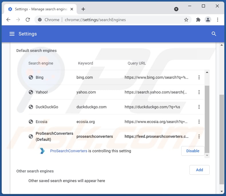 Removing prosearchconverters.com from Google Chrome default search engine
