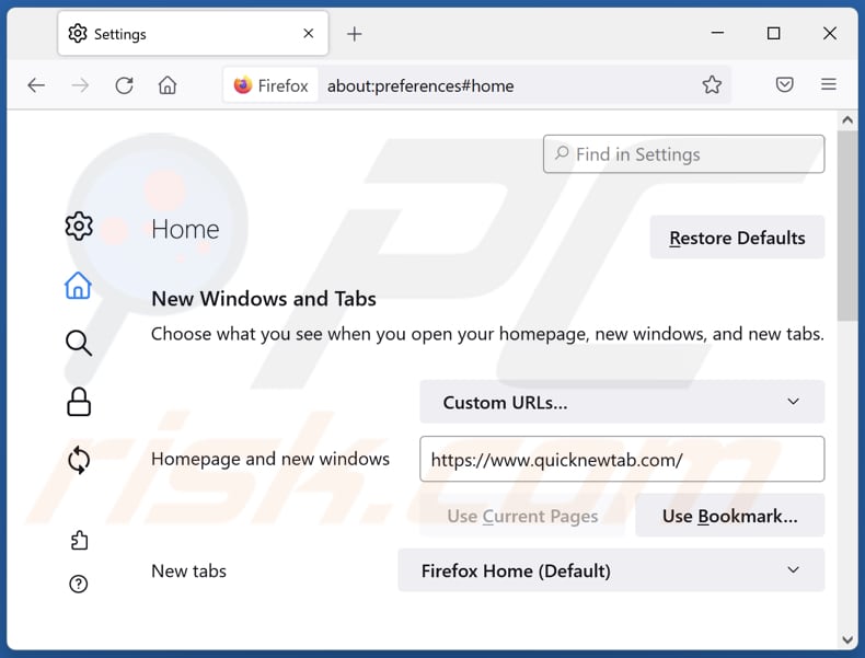 Removing quicknewtab.com from Mozilla Firefox homepage