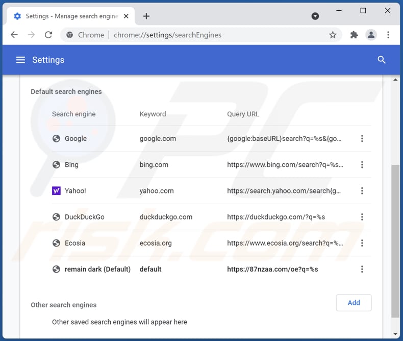 Removing 87nzaa.com from Google Chrome default search engine