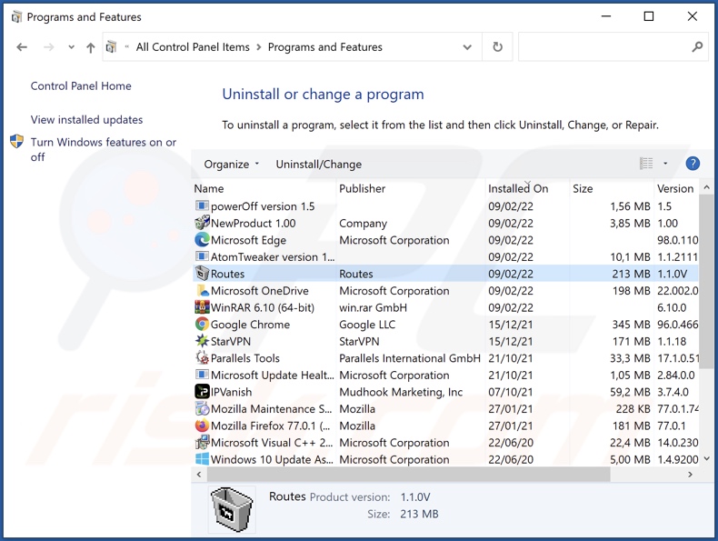 Routes adware uninstall via Control Panel