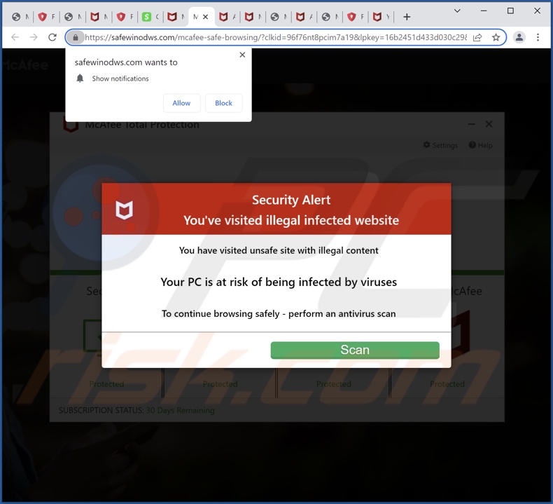 safewinodws[.]com pop-up redirects