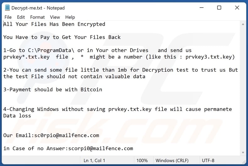 Scorp ransomware ransom-demanding message (Decrypt-me.txt)