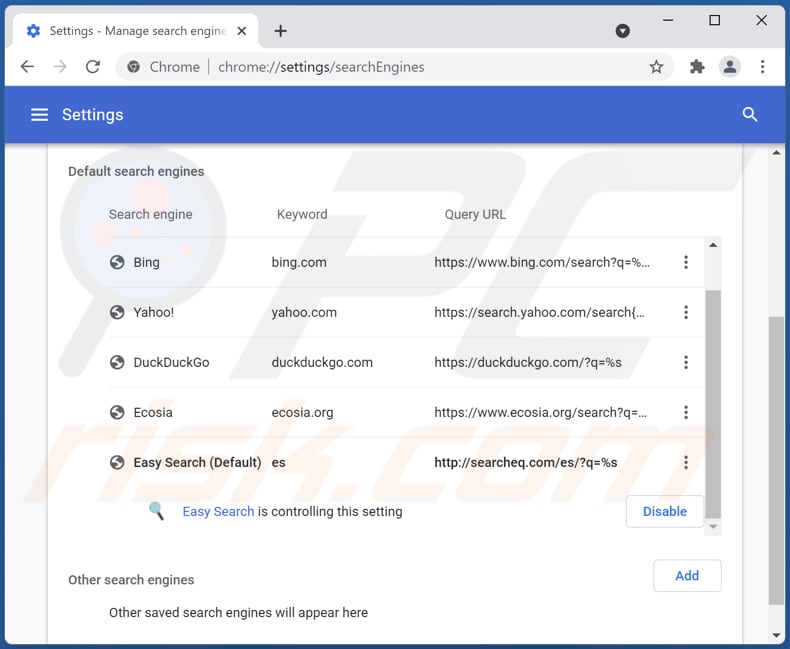 Removing searcheq.com from Google Chrome default search engine