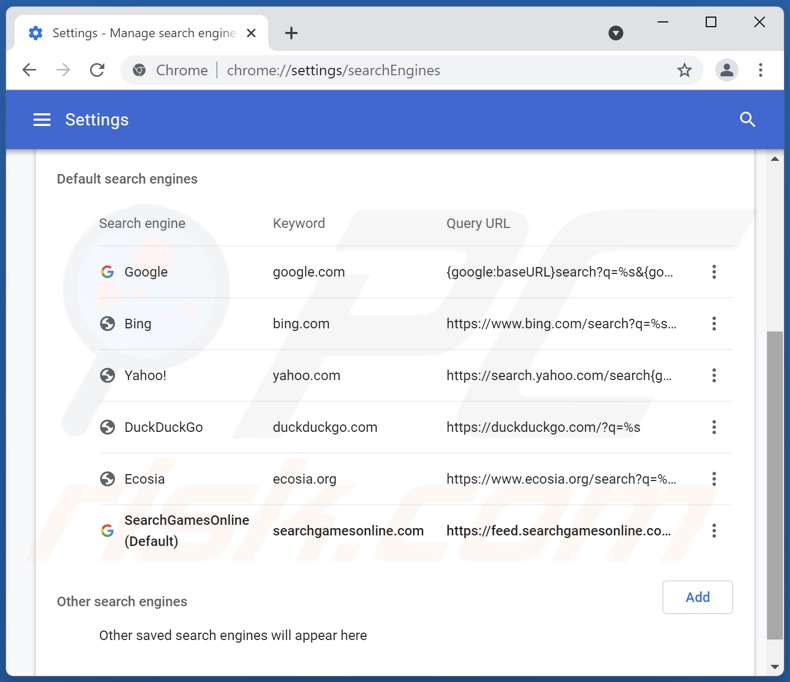 Removing searchgamesonline.com from Google Chrome default search engine
