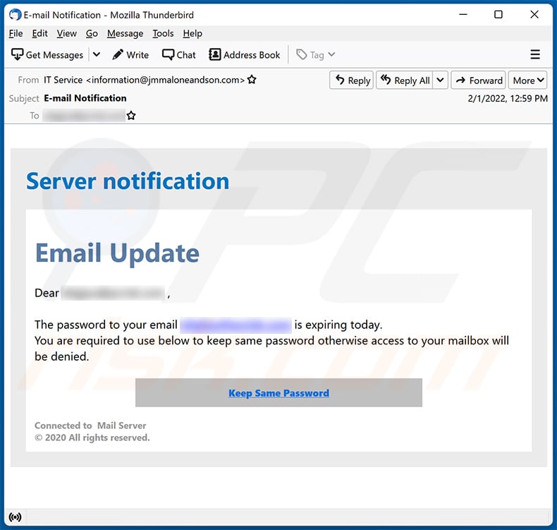 Server Notification-themed spam email (2022-02-02)
