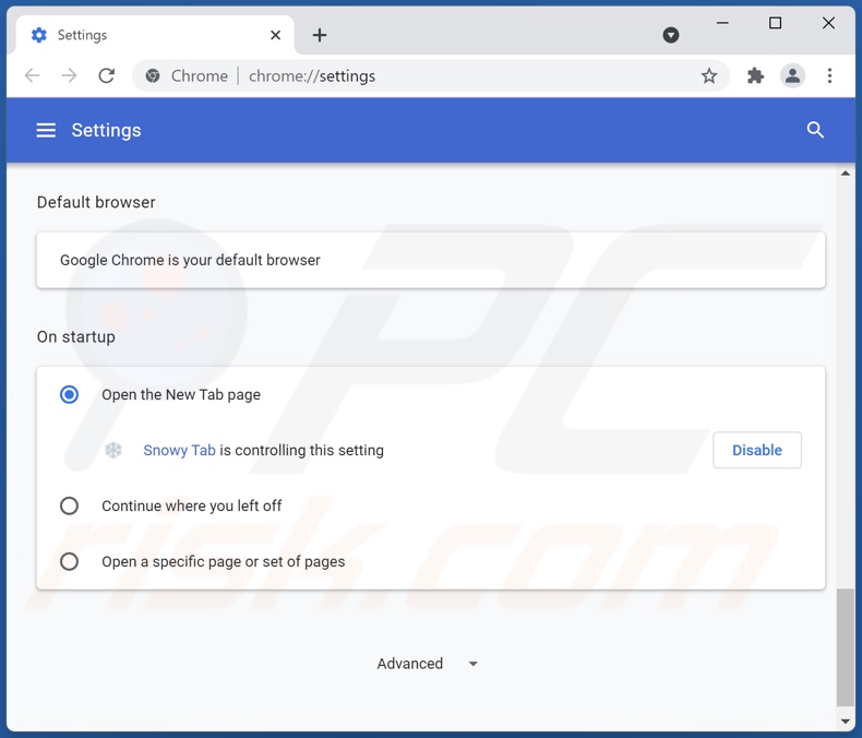 Removing search.snowytab.com from Google Chrome homepage