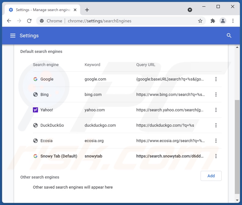 Removing search.snowytab.com from Google Chrome default search engine
