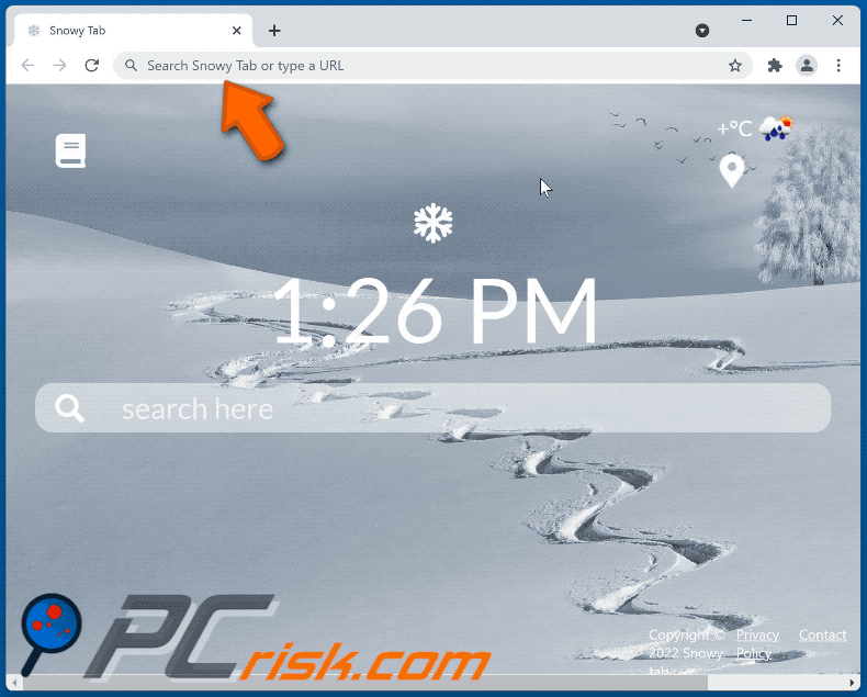 Snowy Tab browser hijacker redirecting to Google (GIF)