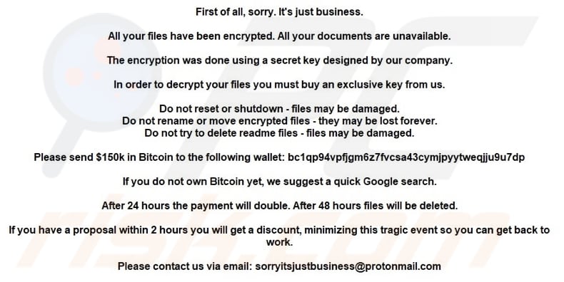 Sorryitsjustbusiness ransomware desktop wallpaper