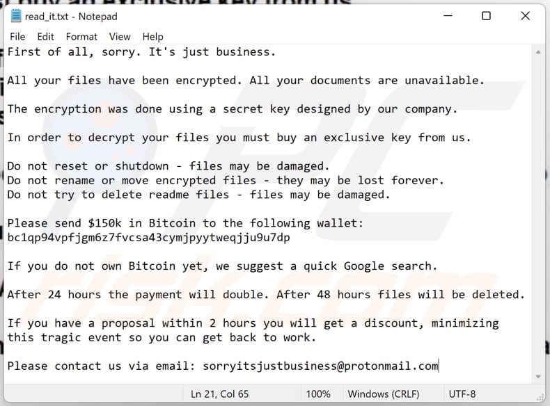 Sorryitsjustbusiness ransomware text file (read_it.txt)