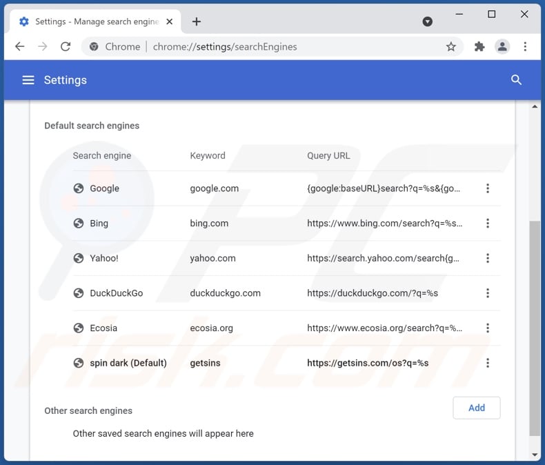 Removing getsins.com from Google Chrome default search engine