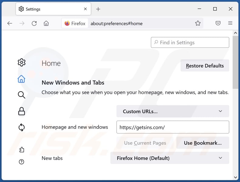 Removing getsins.com from Mozilla Firefox homepage