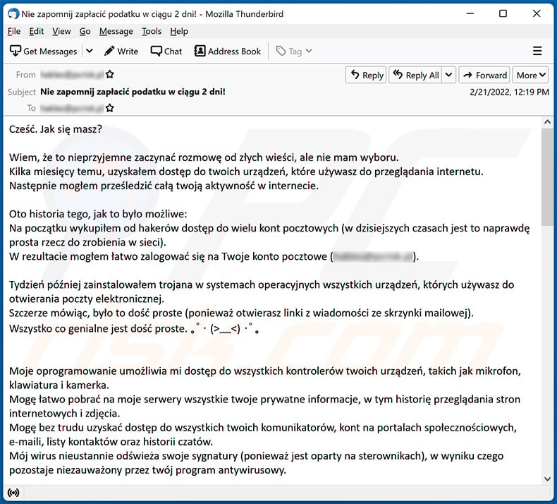 Polish variant of Start The Conversation With Bad News email scam