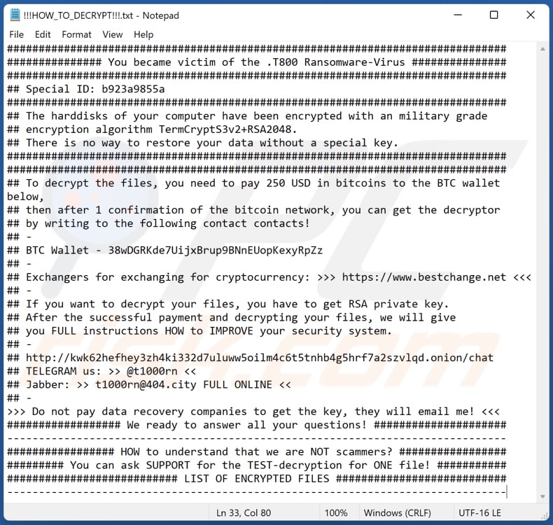 T800 ransomware text file (!!!HOW_TO_DECRYPT!!!.txt)