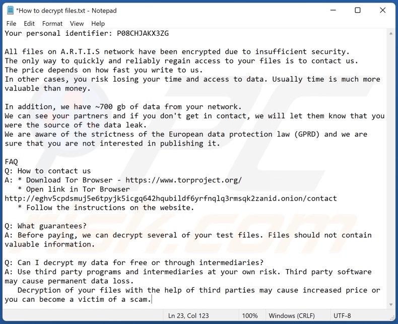 TargetCompany ransomware (artiis) ransom-demanding message (How to decrypt files.txt)