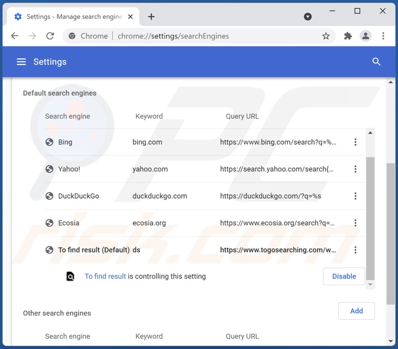 Removing togosearching.com from Google Chrome default search engine