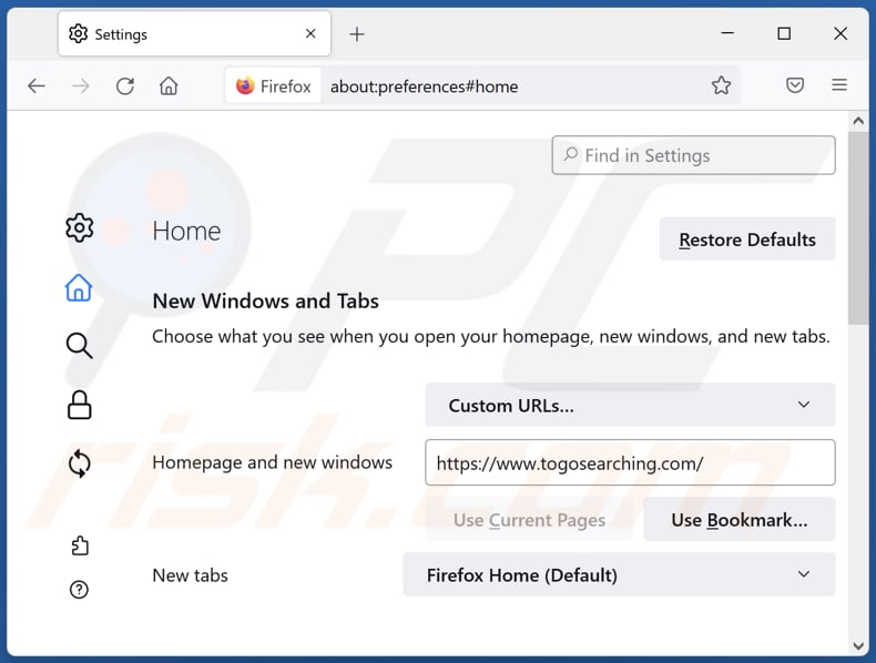 Removing togosearching.com from Mozilla Firefox homepage