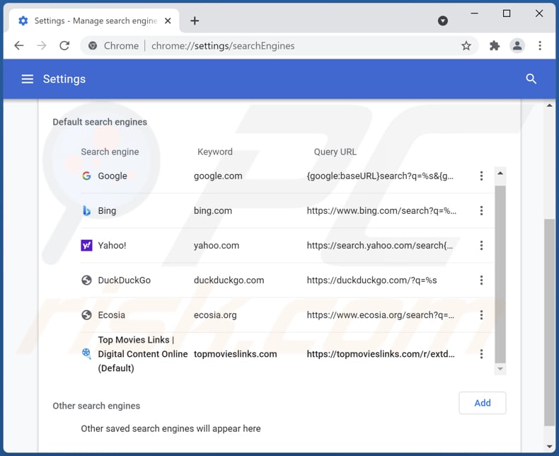 Removing topmovieslinks.com from Google Chrome default search engine