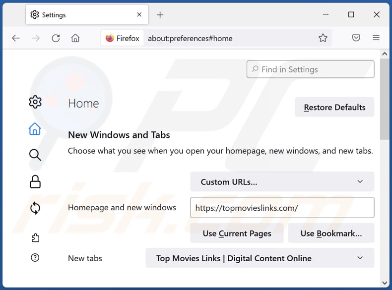 Removing topmovieslinks.com from Mozilla Firefox homepage
