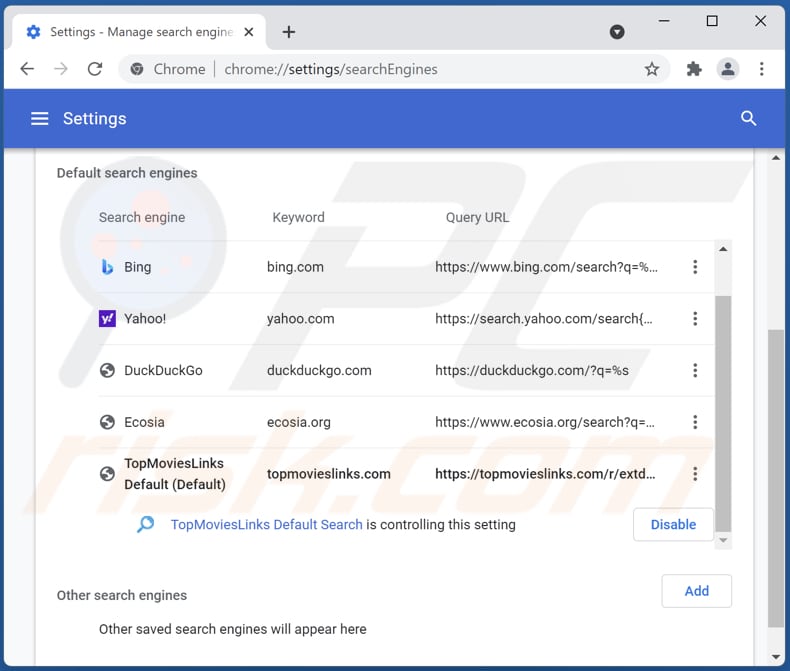 Removing topmovieslinks.com from Google Chrome default search engine