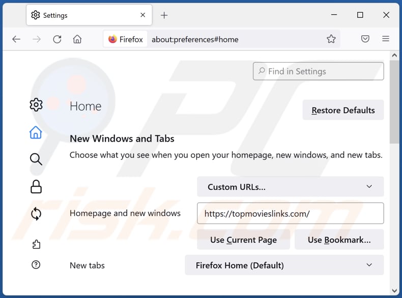 Removing topmovieslinks.com from Mozilla Firefox homepage