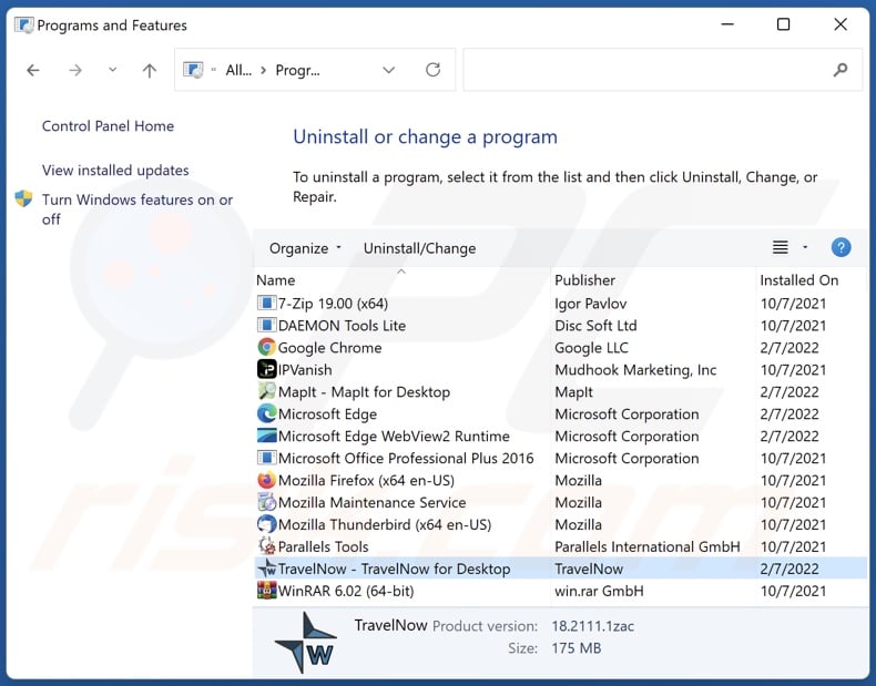 TravelNow adware uninstall via Control Panel