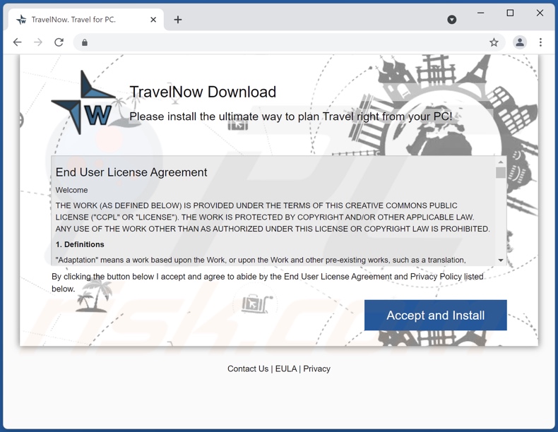 Website promoting TravelNow adware