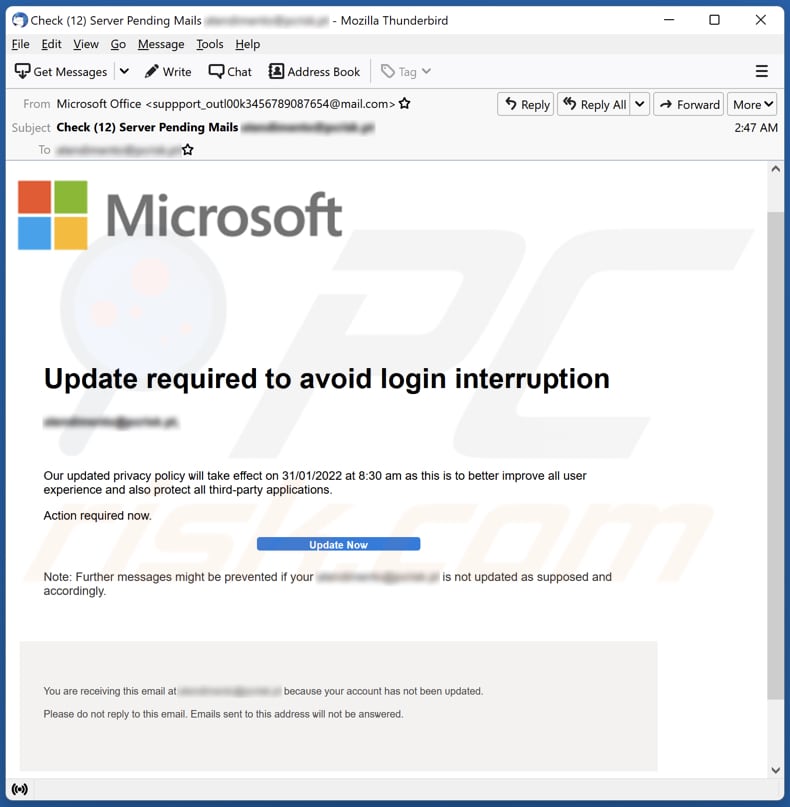 Update required to avoid login interruption email scam