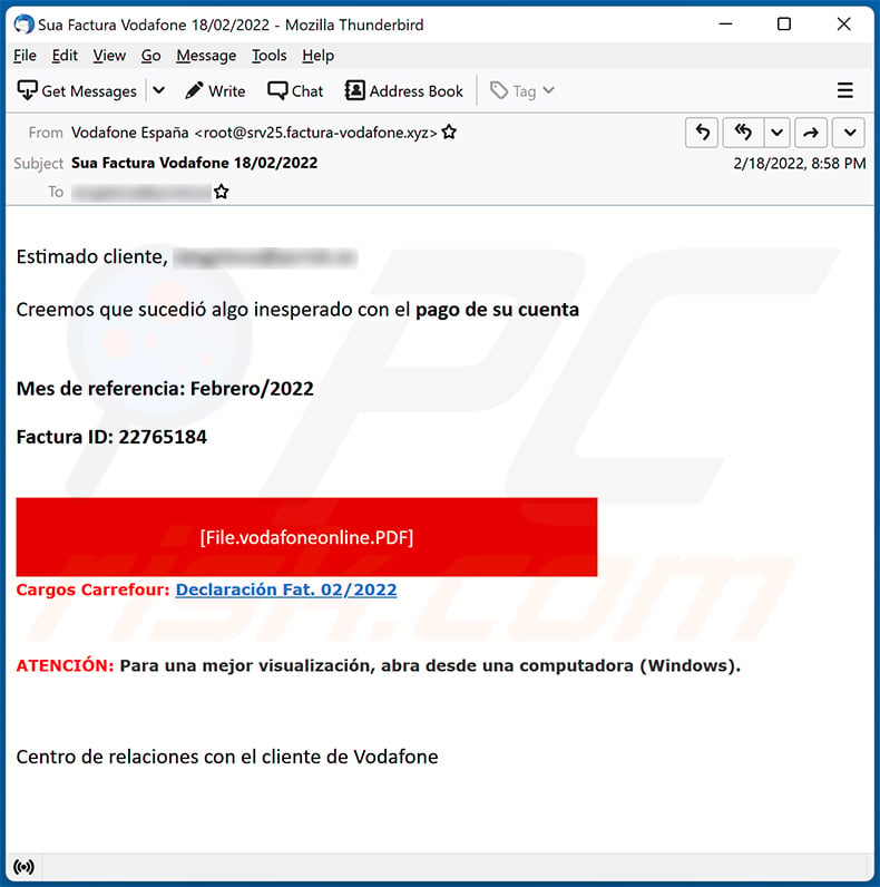 Spanish variant of VodaFone-themed spam email