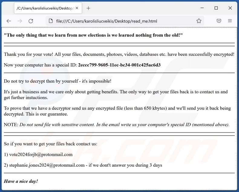 Vote2024 ransomware ransom-demanding message (read_me.html)