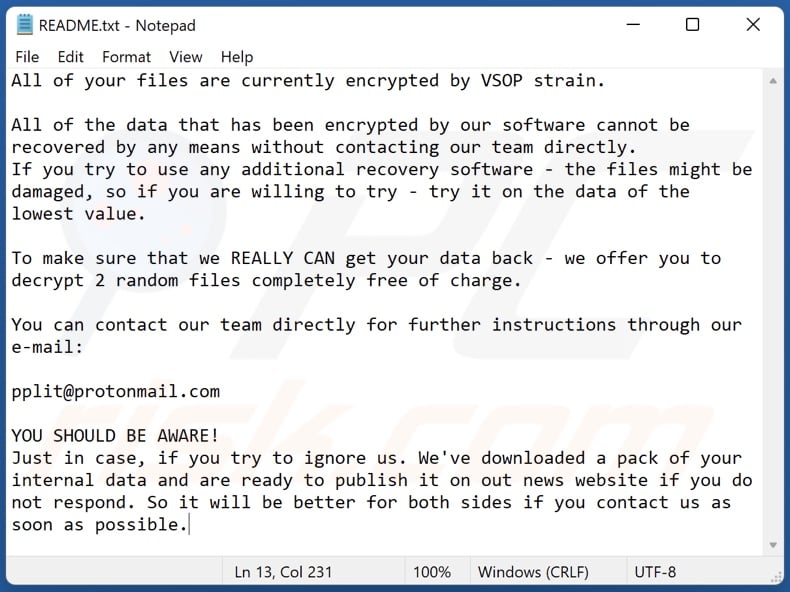 VSOP ransomware ransom-demanding message (README.txt)