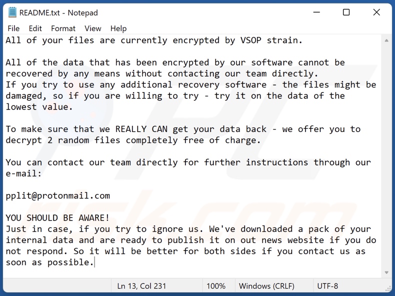 VSOP ransomware ransom-demanding message (README.txt)