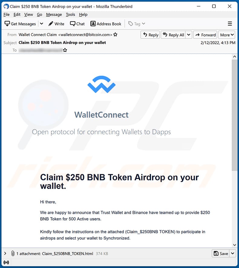 Wallet Connect-themed spam email used to distribute a malicious HTML file (2022-02-14)