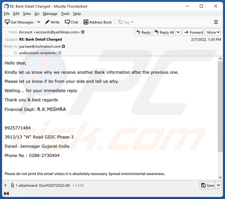 We Receive Another Bank information malware-spreading email spam campaign