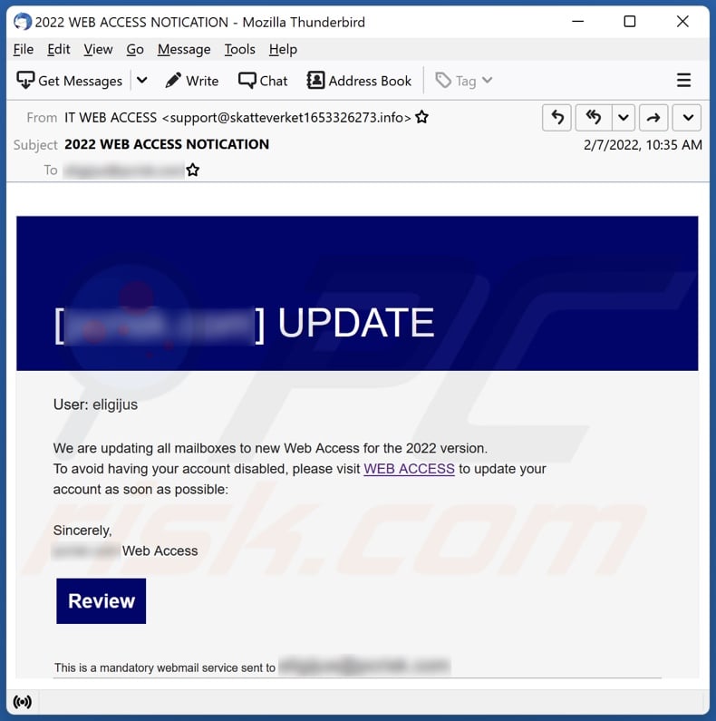 Web Access for the 2022 version email spam campaign