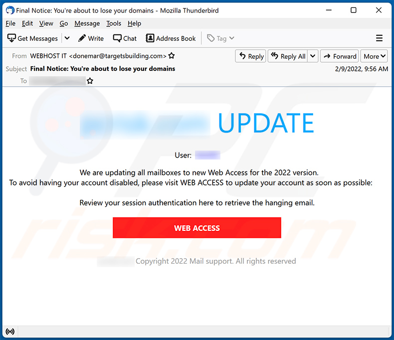 Web Access For The 2022 Version scam email (2022-02-10)