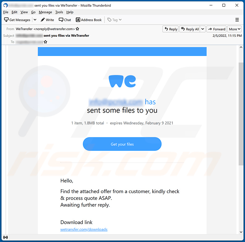 WeTransfer-themed spam email promoting a phishing site (2022-02-08)