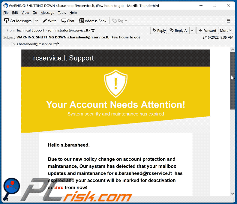 Your Account Needs Attention! scam email appearance (GIF)