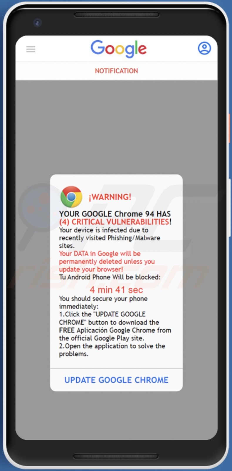 YOUR GOOGLE HAS (4) CRITICAL VULNERABILITIES! POP-UP Scam (Android) - Removal and recovery (updated)
