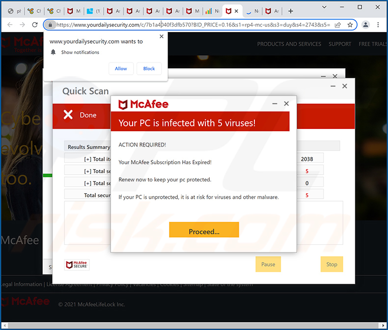 yourdailysecurity.com promoting McAfee - Your PC is infected with 5 viruses! pop-up scam