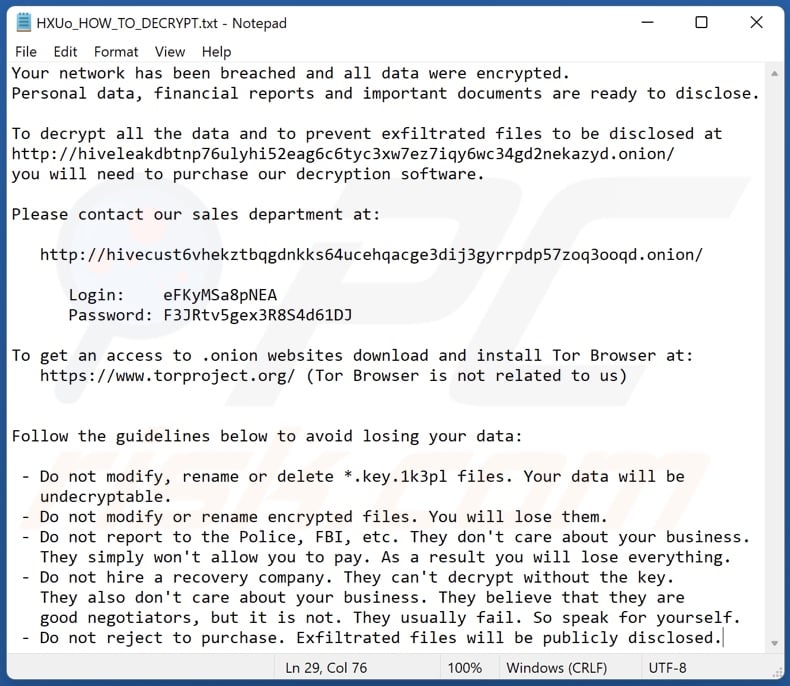 1k3pl ransomware ransom-demanding message (HXUo_HOW_TO_DECRYPT.txt)